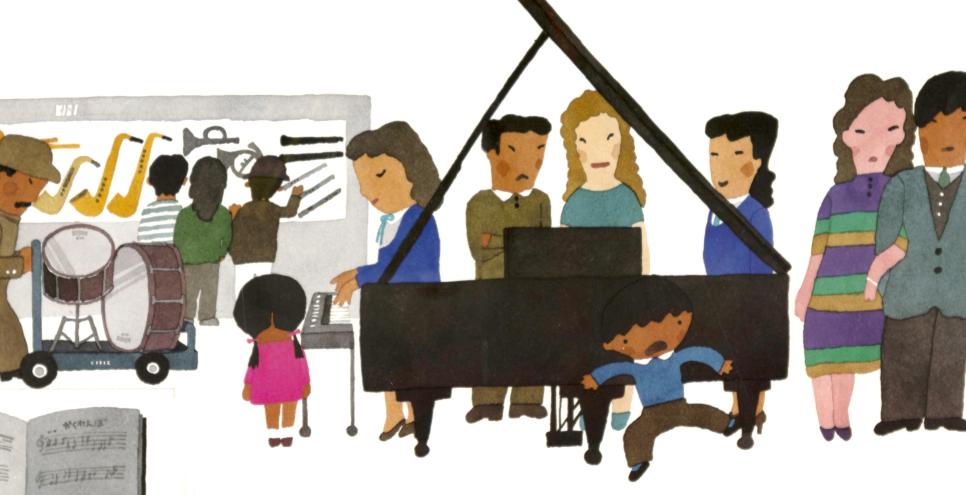 Illustration of people around piano. 